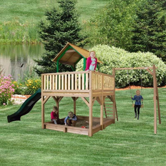 Atka Play Tower with Single Swing Brown/green - Green slide