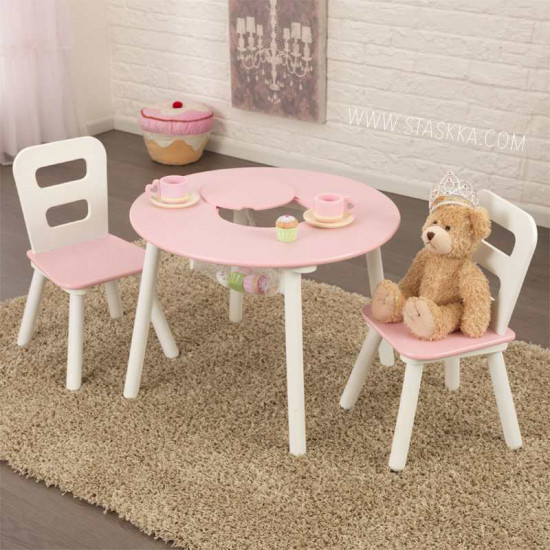Round Storage Table & 2 Chair Set - Pink & White