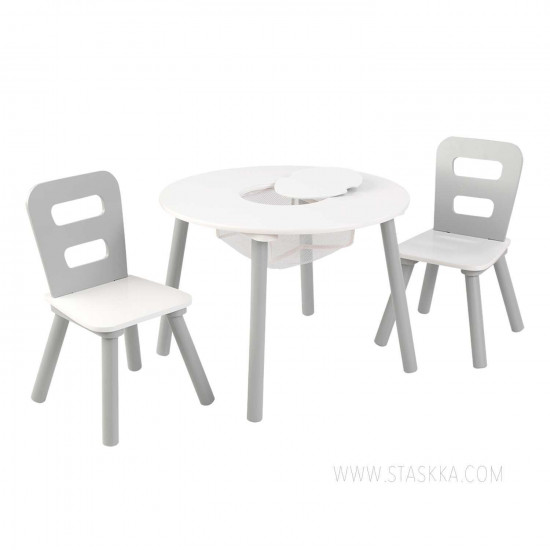 Round Storage Table & 2 Chair Set - Gray & White